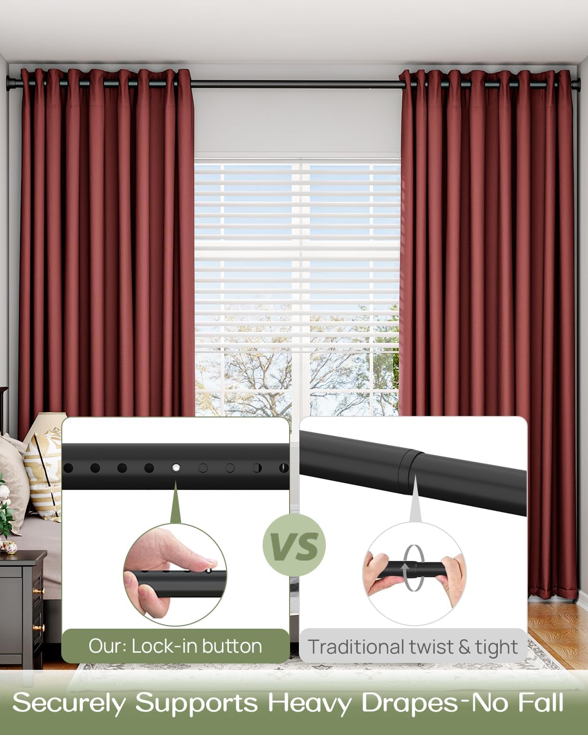 ALLZONE Tension Curtain Rod for Window, 83-123 Inches, Heavy Duty Curtain Rods No Drilling, Non-Slip Bathroom Shower Tension Rod, Renter Friendly, Adjustable, Spring Loaded, Extra Long, Black